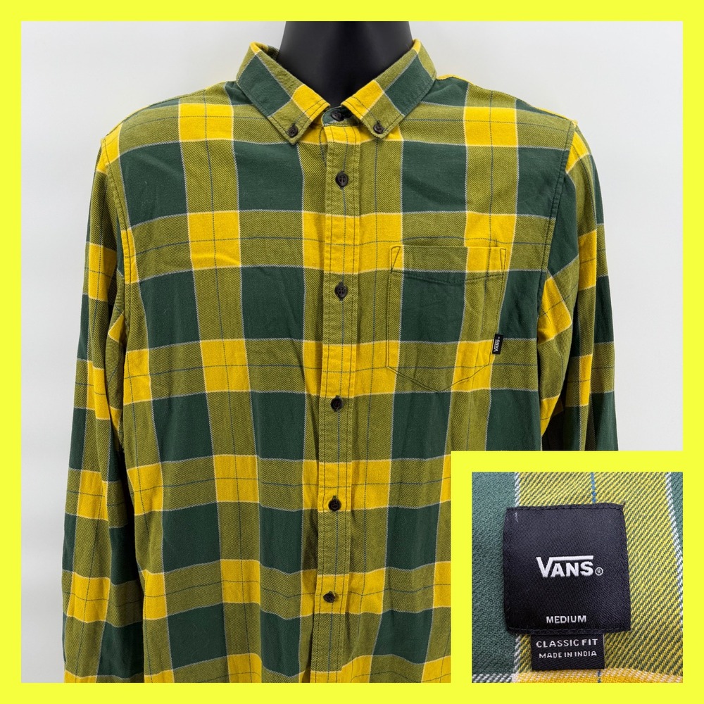 Vans Off The Wall Mens Medium Flannel Shirt Classic Fit Green Yellow Plaid LS